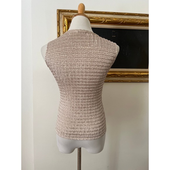 1990's crinkled pleated plisse beige cream polyester sleeveless crew neck top - Picture 2 of 8